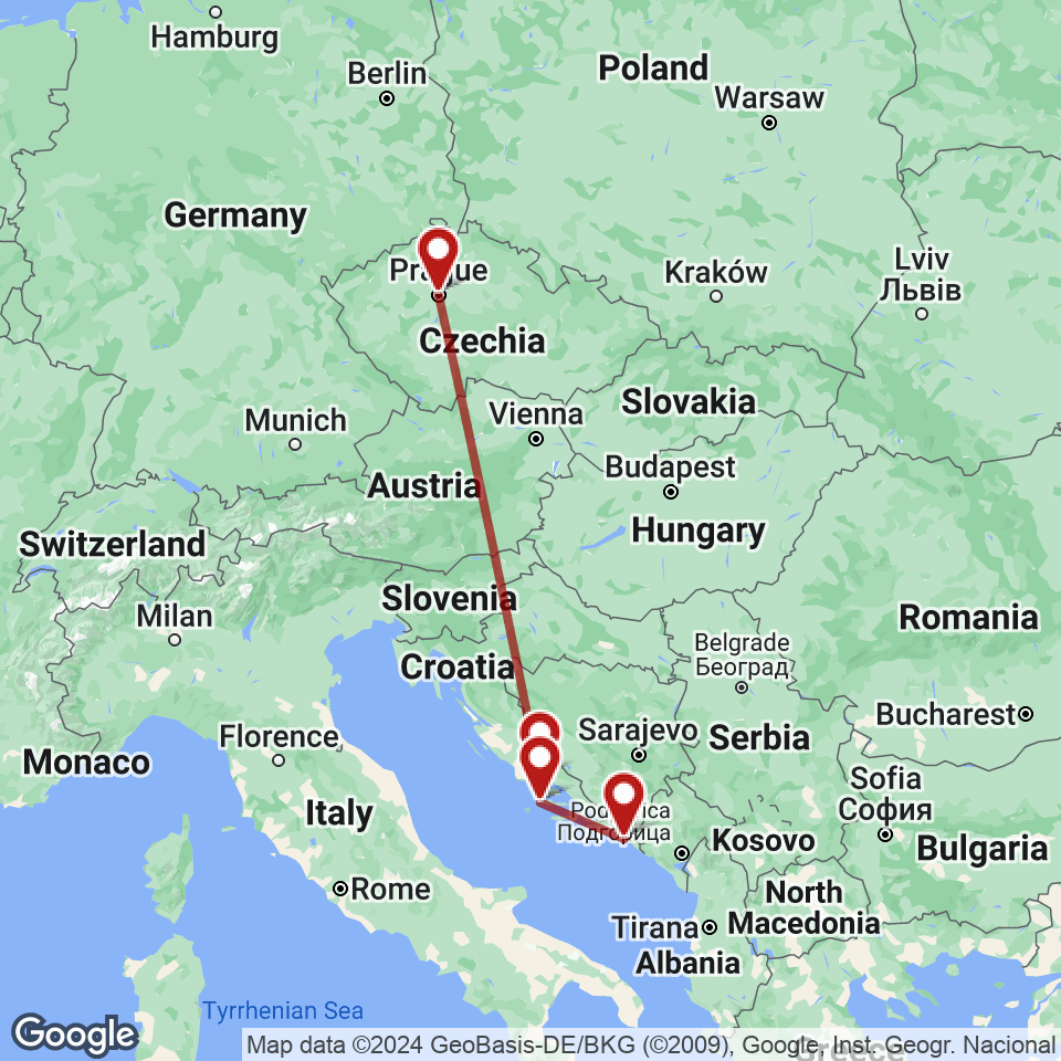 Route for Prague, Split, Hvar, Dubrovnik tour